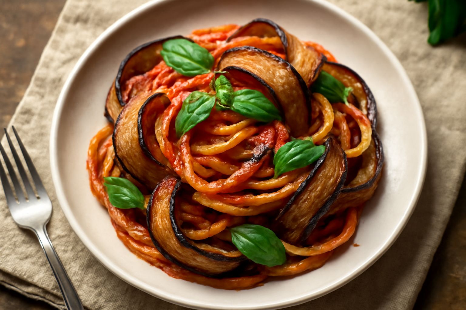 Piatto di pasta con melanzane fritte color melanzana scuro, salsa di pomodoro rossa, basilico verde brillante e parmigiano grattugiato bianco spolverato in cima, su sfondo neutro