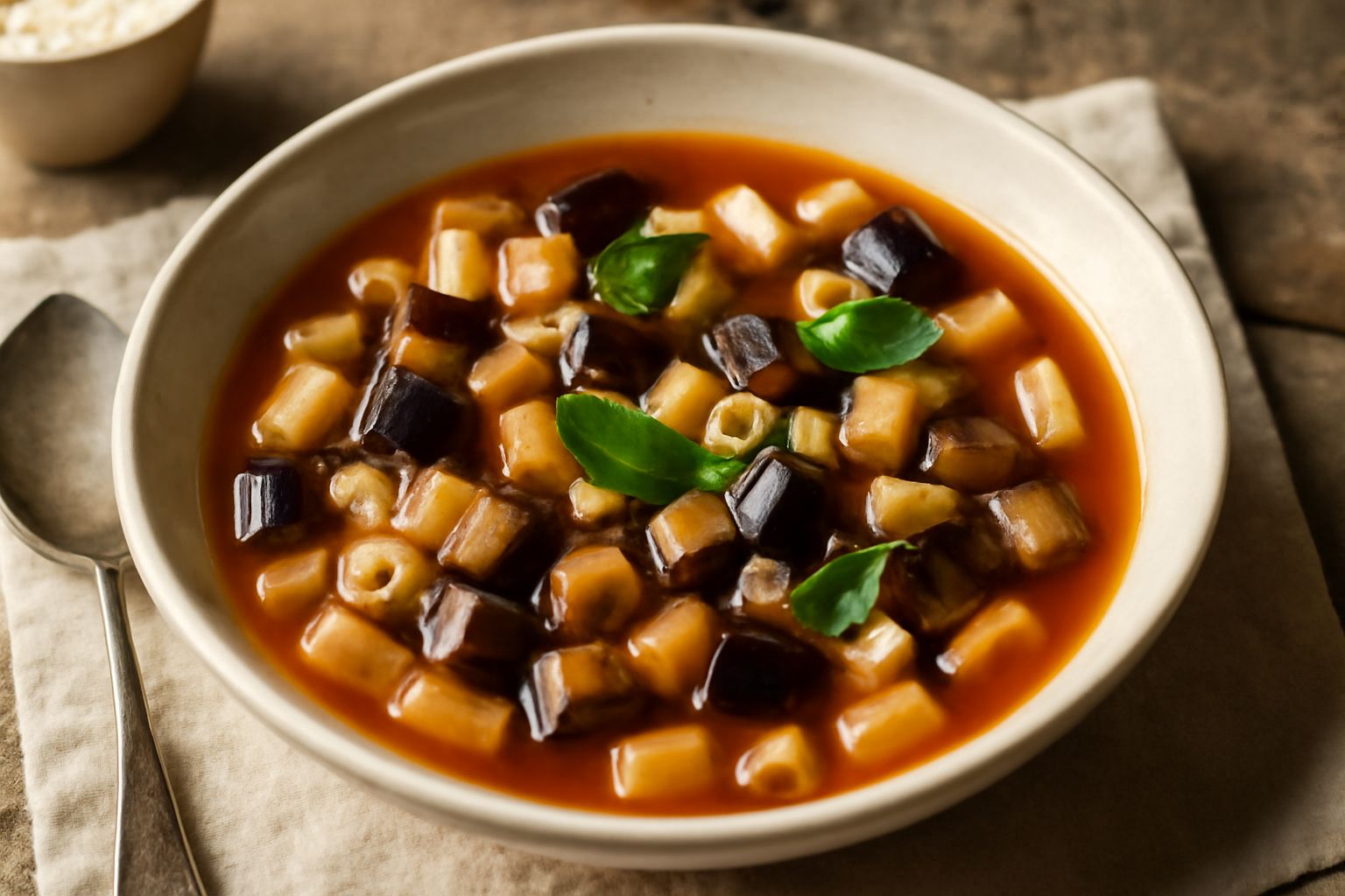 Ciotola di pasta ca melanzana in brodo con melanzane a dadini viola, pasta corta, brodo rosso di pomodoro, foglie di basilico fresco e filo di olio d'oliva in superficie