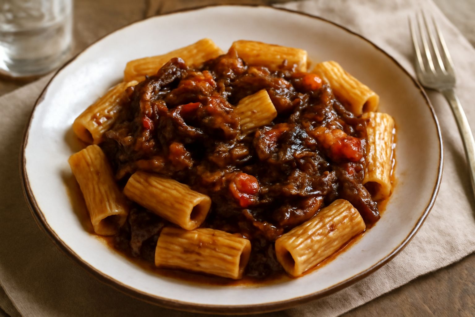 Piatto fondo di pasta rigatoni con condimento di melanzane sott'olio, pomodori rossi e basilico fresco, spolverato di parmigiano grattugiato, su tavolo di pietra grigia
