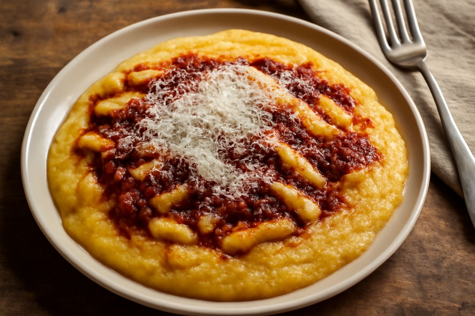Piatto fondo di ceramica con pasta rigatoni mista a polenta cremosa gialla, ragù di carne rosso scuro, cosparso di pecorino grattugiato bianco, accompagnato da un cucchiaio di legno