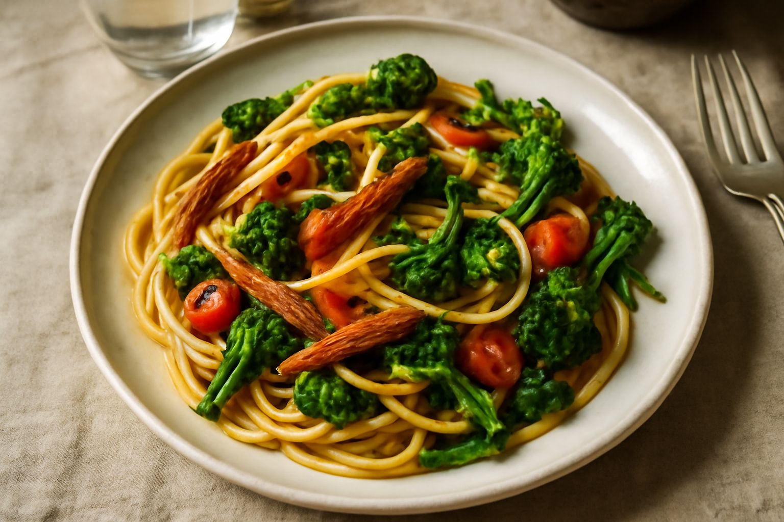 Piatto di pasta ca' mellica con melica caramellata dorata, verdure verdi e rosse, pasta al dente, aglio e prezzemolo fresco, servito in un piatto bianco fondo su tavolo di legno