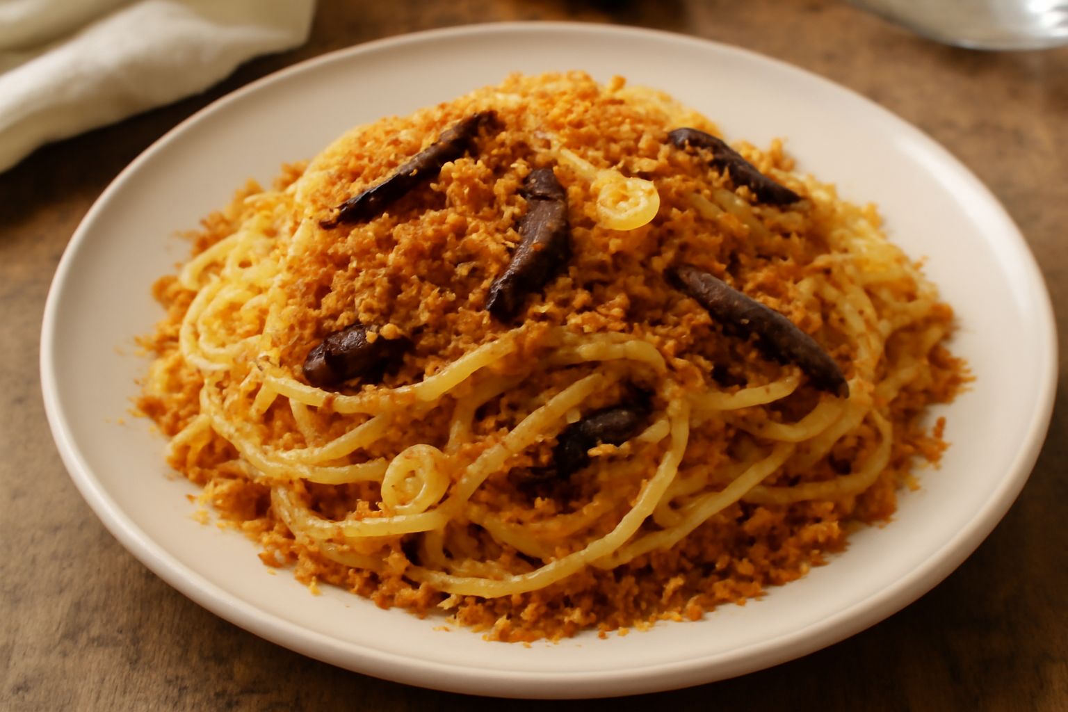 Piatto di ceramica bianca con pasta corta coperta uniformemente di pangrattato dorato, visibili filetti di acciuga scura e aglio, olio d'oliva lucido in superficie, servito da solo senza contorno