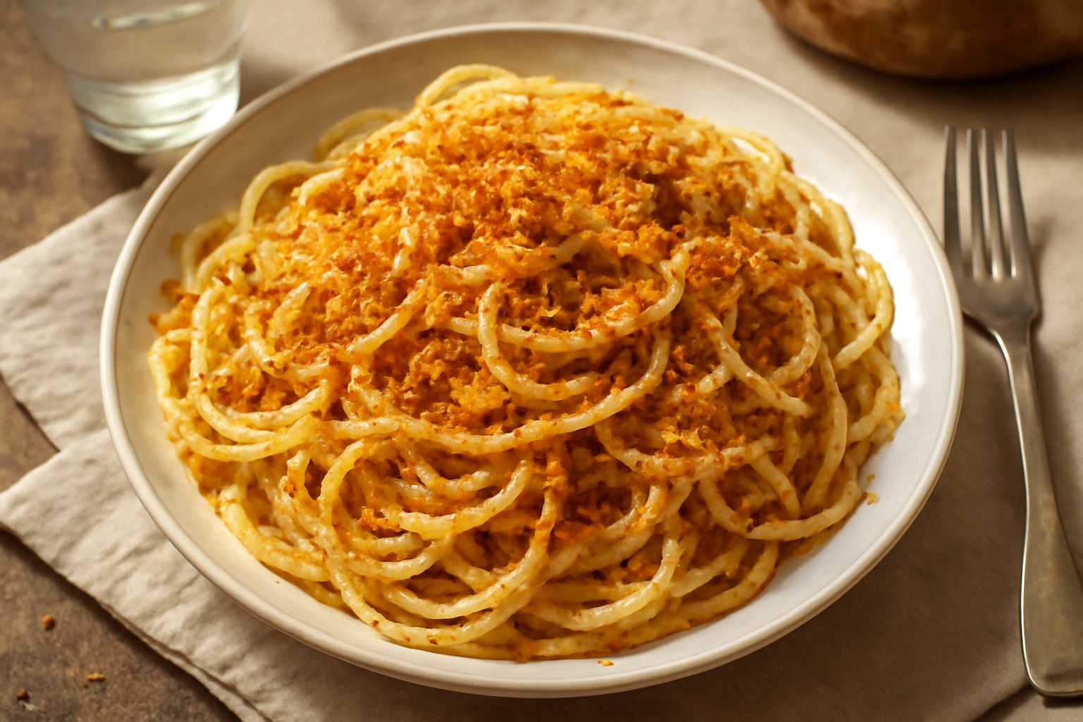 Piatto di pasta con mollica di pane tostata dorata, acciughe, prezzemolo fresco e aglio, servita in un piatto bianco con cucchiaio di legno accanto