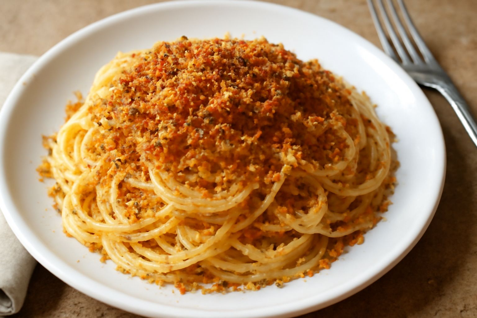 Un piatto di pasta spaghetti con mollica di pane tostata dorata e croccante, sardine e aglio, guarnito con prezzemolo fresco, servito su un piatto bianco con bordo sottile