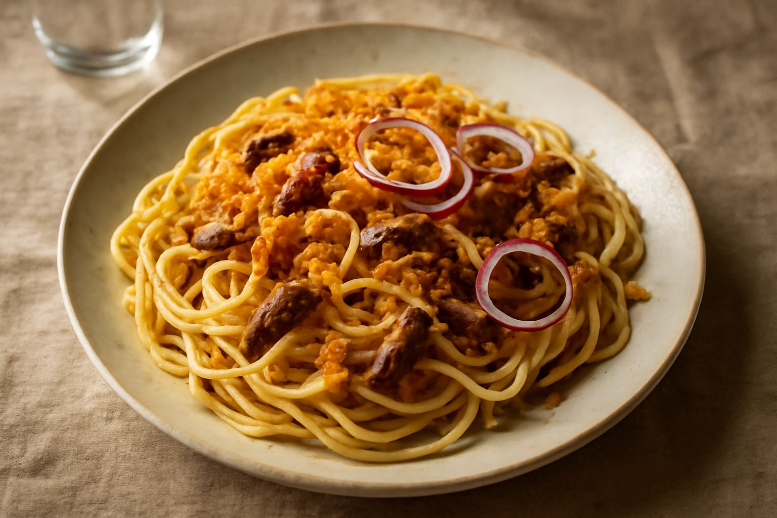 Piatto di pasta bionda con mollica di pane dorata croccante sparsa sopra, acciughe scure, olio verde oliva, prezzemolo fresco e cipolla rossa sottile, servito in ciotola bianca di ceramica