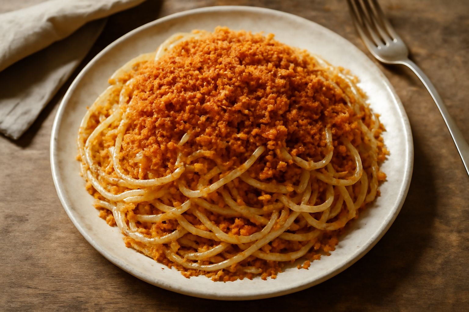 Un piatto di pasta ca' muddica con spaghetti ricoperti di pangrattato dorato e croccante, olio lucido che brilla sulla superficie, aglio rosso scuro sparse tra i fili, colore marrone ramato uniforme
