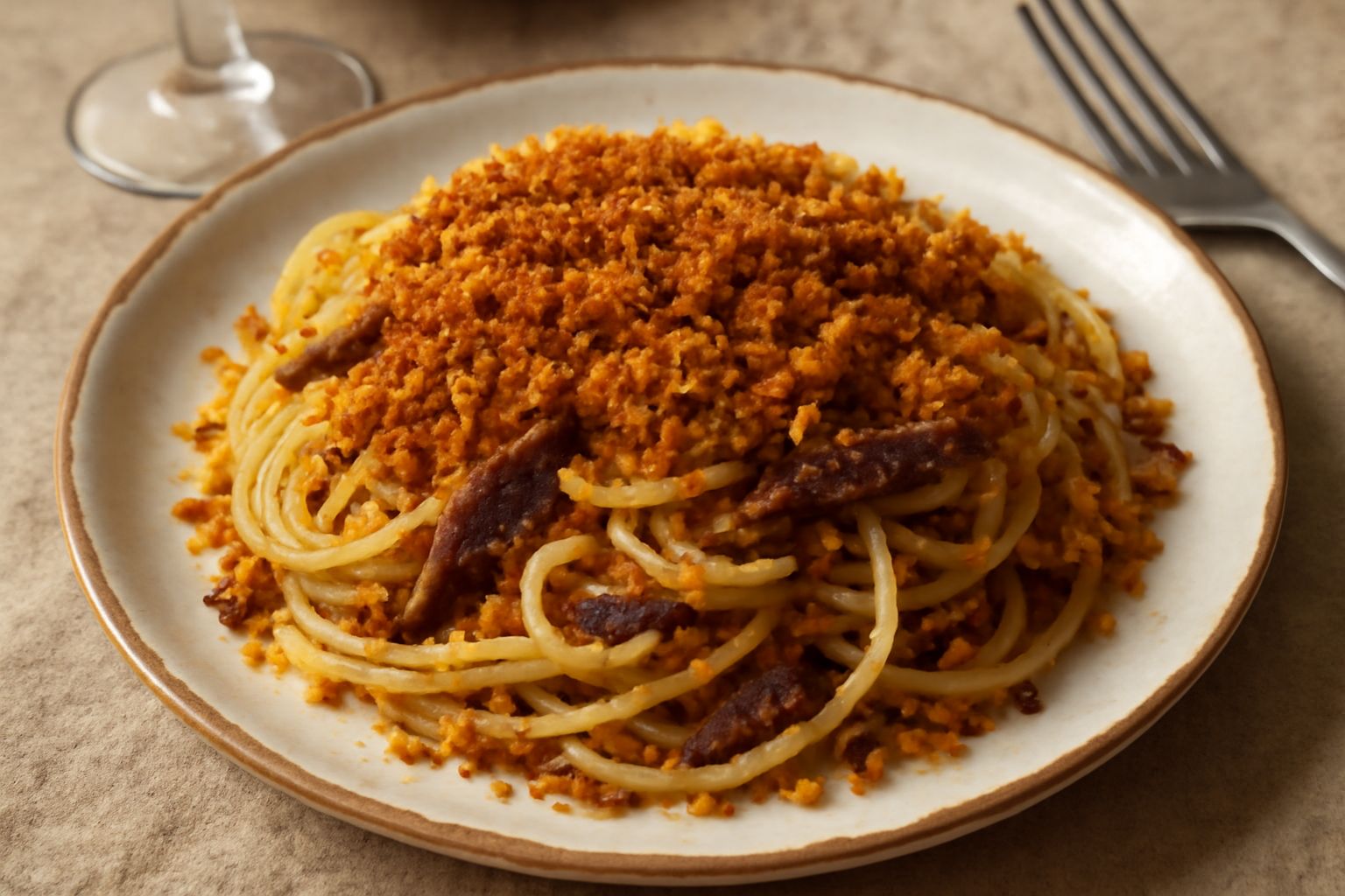 Piatto di pasta con mollica di pane dorata e croccante cosparsa in abbondanza, filetti di acciuga visibili tra gli spaghetti, cipolla bianca traslucida, olio brillante, pezzetti di prezzemolo fresco v