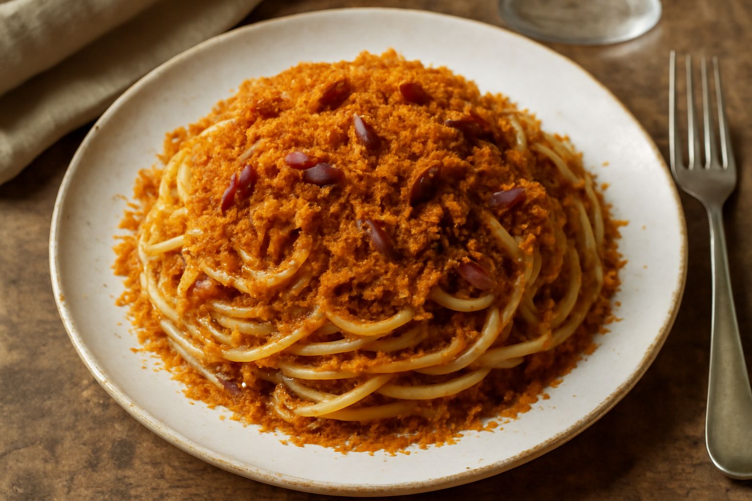 Piatto di pasta giallastra ricoperta di pangrattato tostato color oro, con filamenti di sardella scura sparsi in superficie e cipolla caramellata, servito in piatto bianco