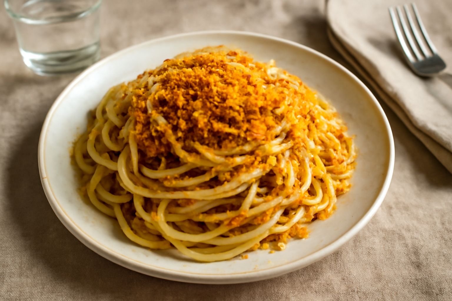 Piatto di pasta ca muddica fritta con pangrattato dorato e croccante, filetti di acciuga, aglio rosso e prezzemolo fresco, servita in un piatto bianco, con filo di olio d'oliva in superficie