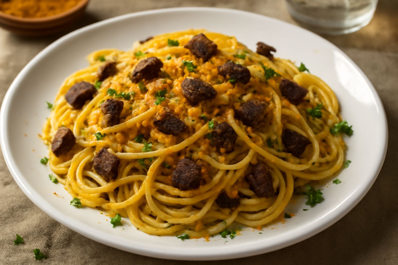 Piatto di pasta condita con bottarga grattugiata color oro, pezzetti di pesce secco marrone, prezzemolo verde fresco, filo di olio d'oliva lucente, su fondo di piatto bianco.