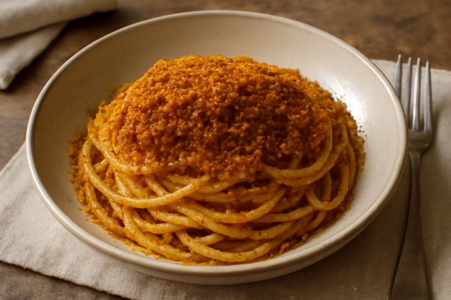 Piatto di pasta ca' ncigna con fili di spaghetti ricoperti di una salsa cremosa color ambra, pane grattugiato dorato e grasso di acciughe, cosparso di prezzemolo fresco tritato, su fondo bianco