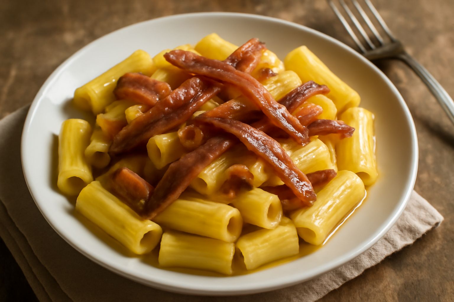 Pasta ca' n'dritta servita in piatto bianco: pasta rigatoni ben condita coperta da filetti d'acciugha lucidi, aglio dorato e una cascata di olio di oliva color smeraldo, con prezzemolo fresco sparso i