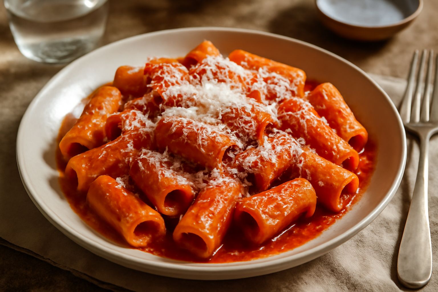 Piatto di pasta mista con rigatoni e fusilli conditi con 'nduja rossa e cremosa, pomodoro brillante, pecorino grattuggiato bianco distribuito uniformemente e un filo di olio di oliva, servito in cioto