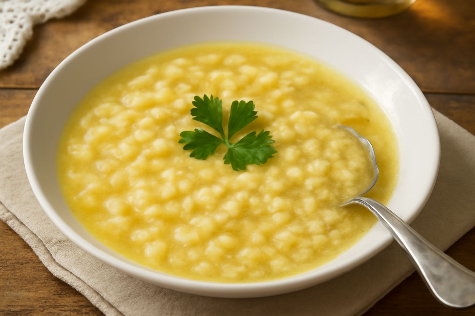 Una ciotola bianca con pasta piccola e morbida in brodo leggero, guarnita con una foglia di prezzemolo fresco, su un tavolo di legno chiaro con un cucchiaio di plastica