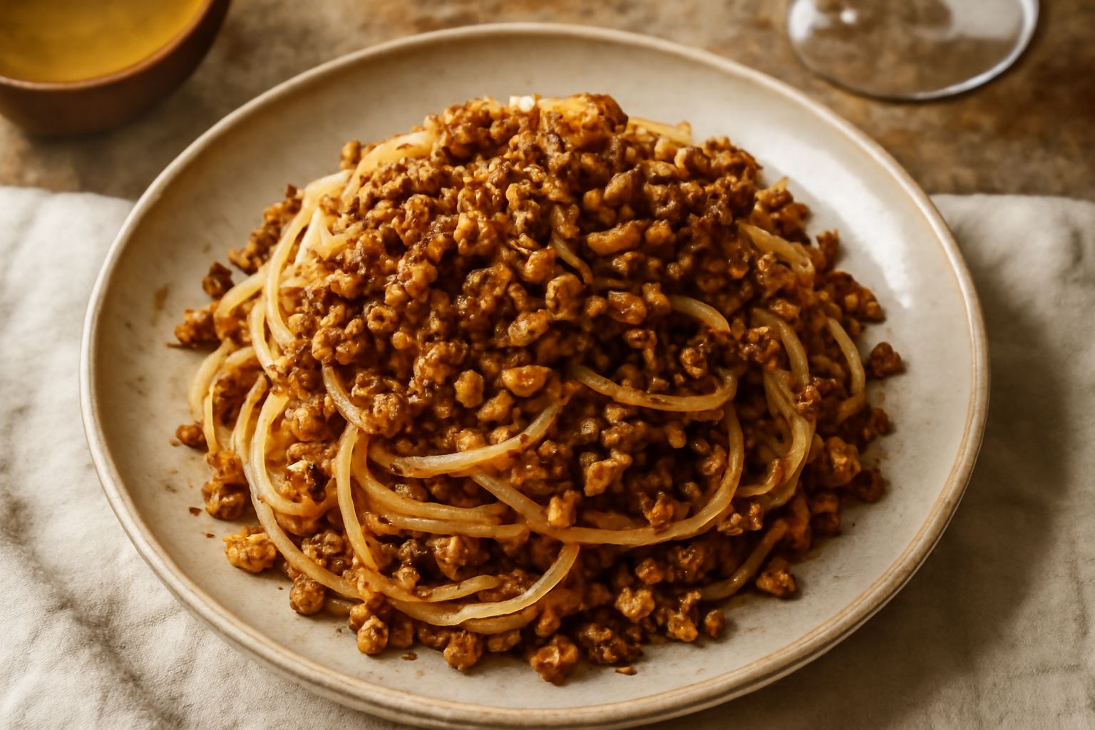 Pasta ca' nociata servita in piatto bianco con fili di spaghetti ricoperti di condimento marrone a base di noci frammentate, acciughe sciolte e aglio, con gocce di olio d'oliva visibili sulla superfic