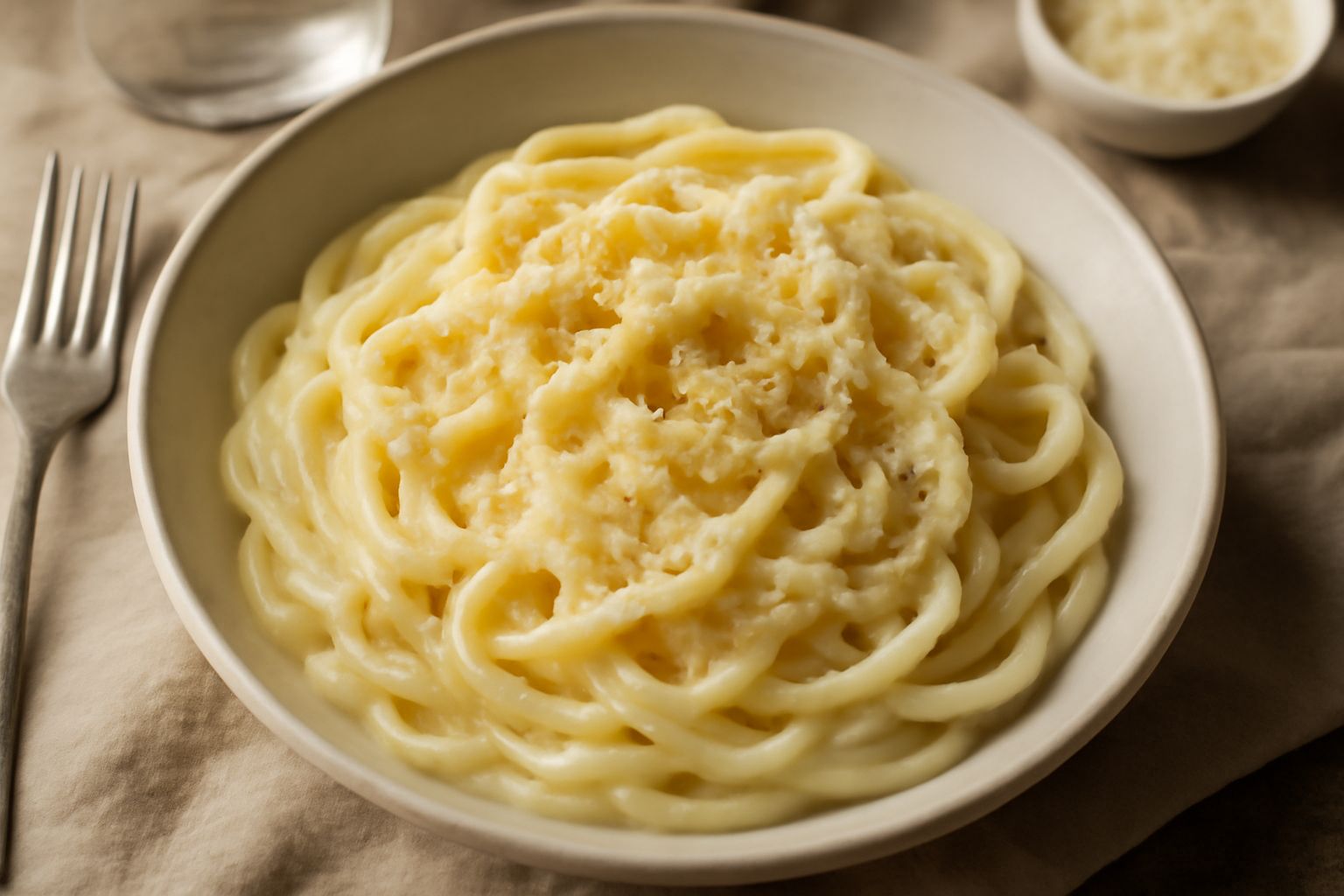 Piatto di pasta bianca cremosa con uova e formaggio, condita con pecorino romano grattugiato, decorata con pepe nero macinato e un filo d'olio d'oliva, servita in un piatto bianco fondo