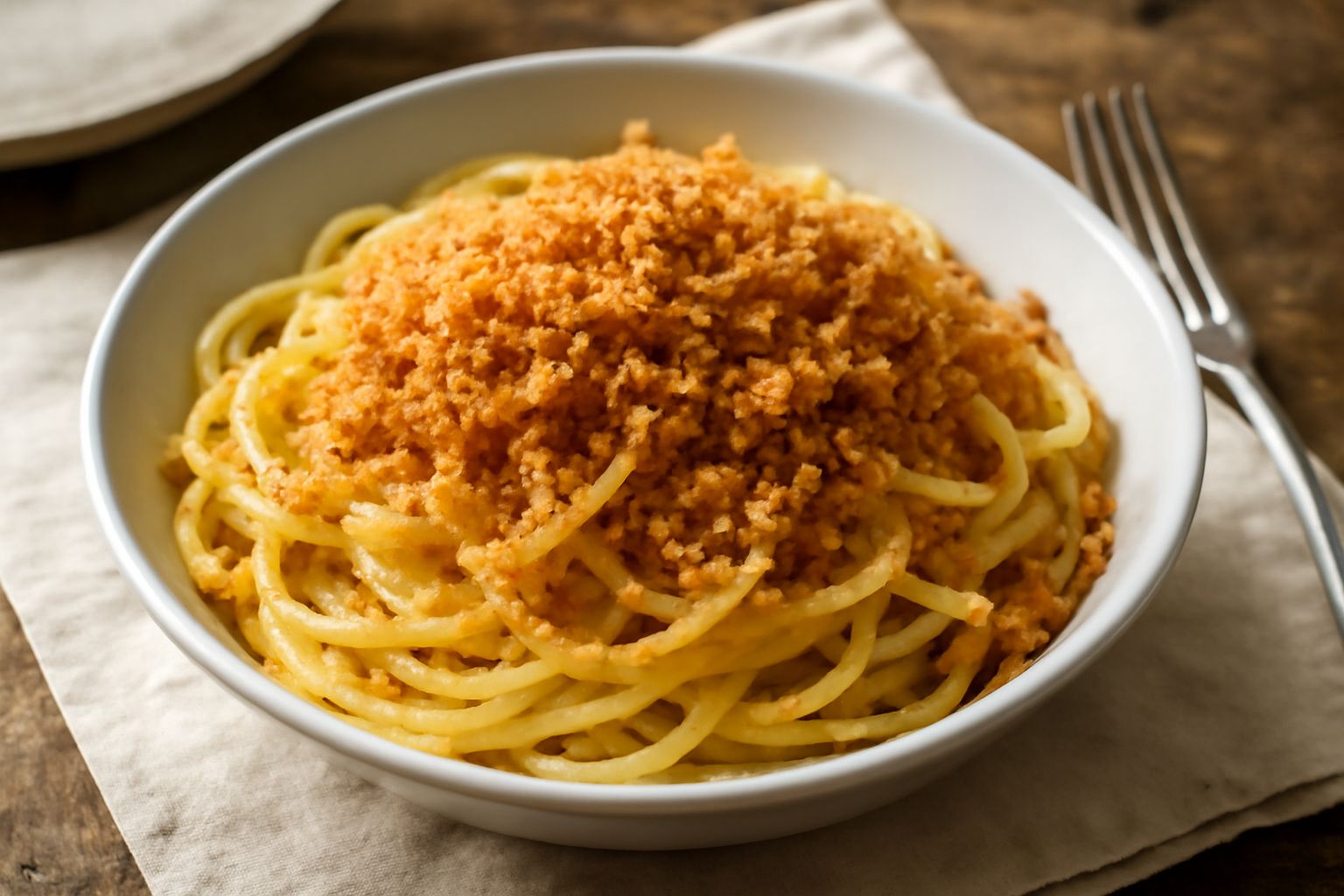 Piatto di pasta lunga condita con pangrattato tostato dorato, gocce di olio d'oliva, aglio fresco affettato sottile, servita in piatto bianco fondo