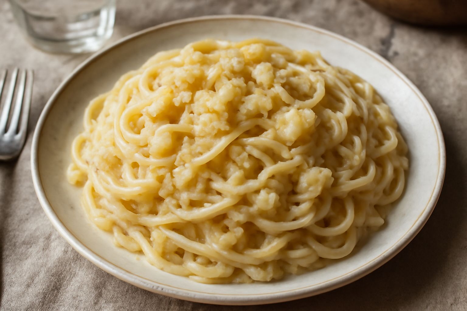 Piatto bianco con pasta ca' patata servita: spaghetti spessi mescolati con pezzi di patata cremosa, cipolla dorata e lardo, spolverato di formaggio grattugiato, vapore lieve in risalita