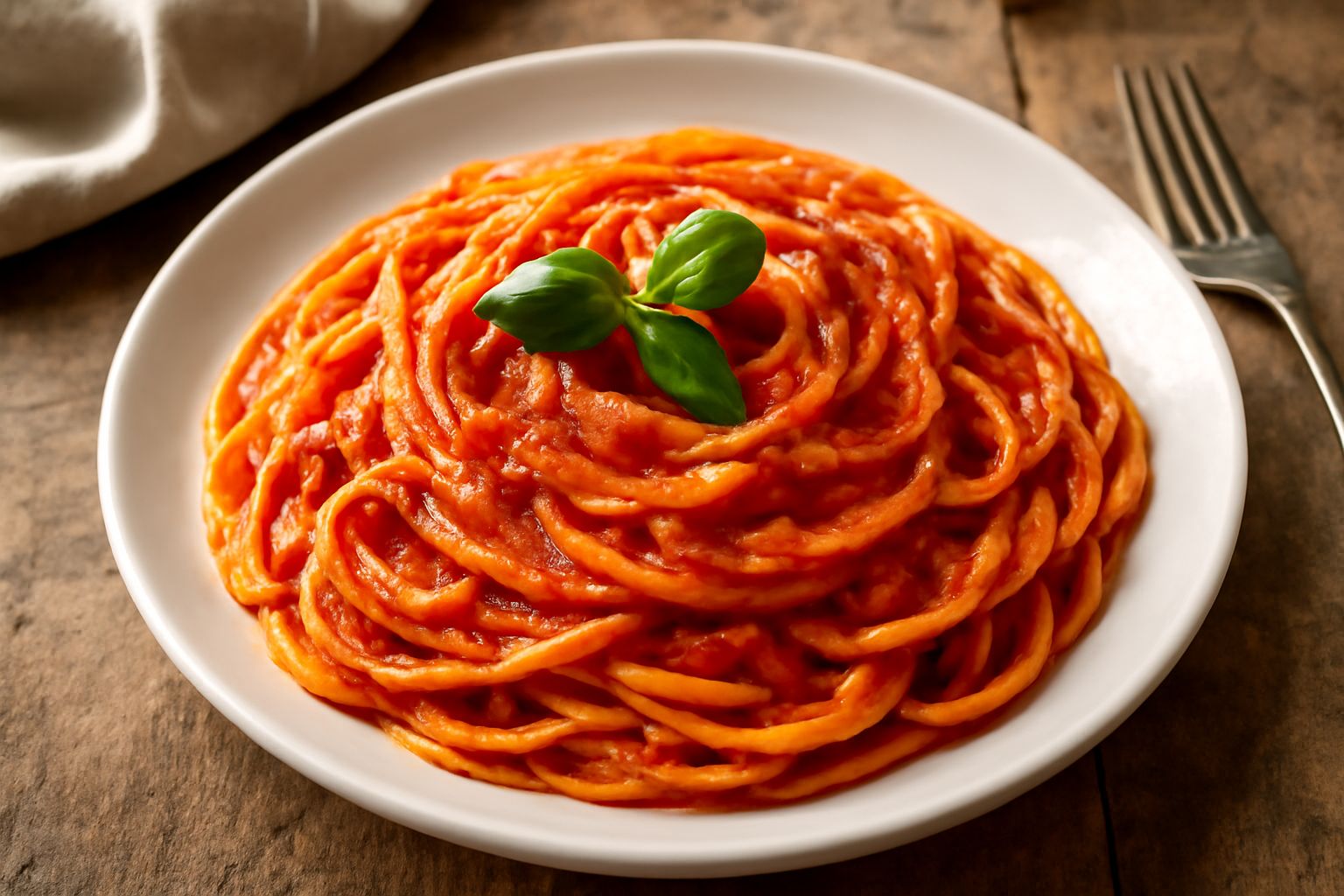 Piatto di pasta con sugo rosso denso, basilico fresco verde sul fondo bianco, gocce di olio d'oliva visibili sulla superficie