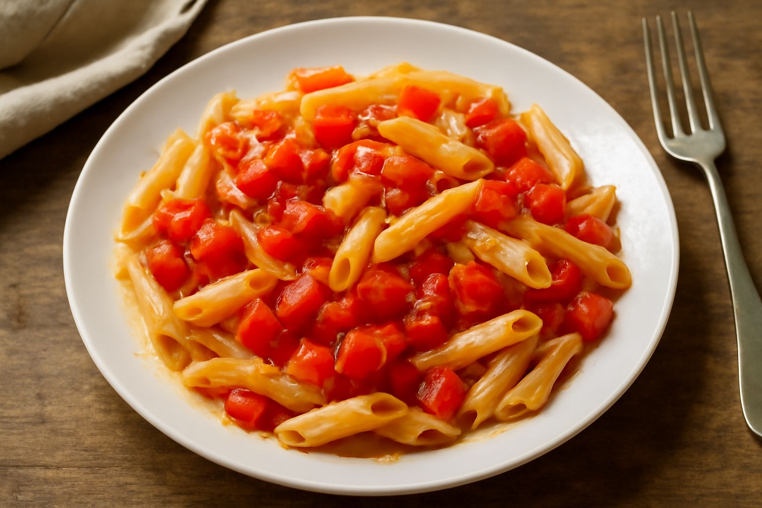 Piatto bianco con pasta corta rivestita di pomodori rossi crudi tagliati a dadini, olio lucido, aglio affettato sottile, foglie di basilico verde fresco sparse in superficie, con una mezza cipolla ros