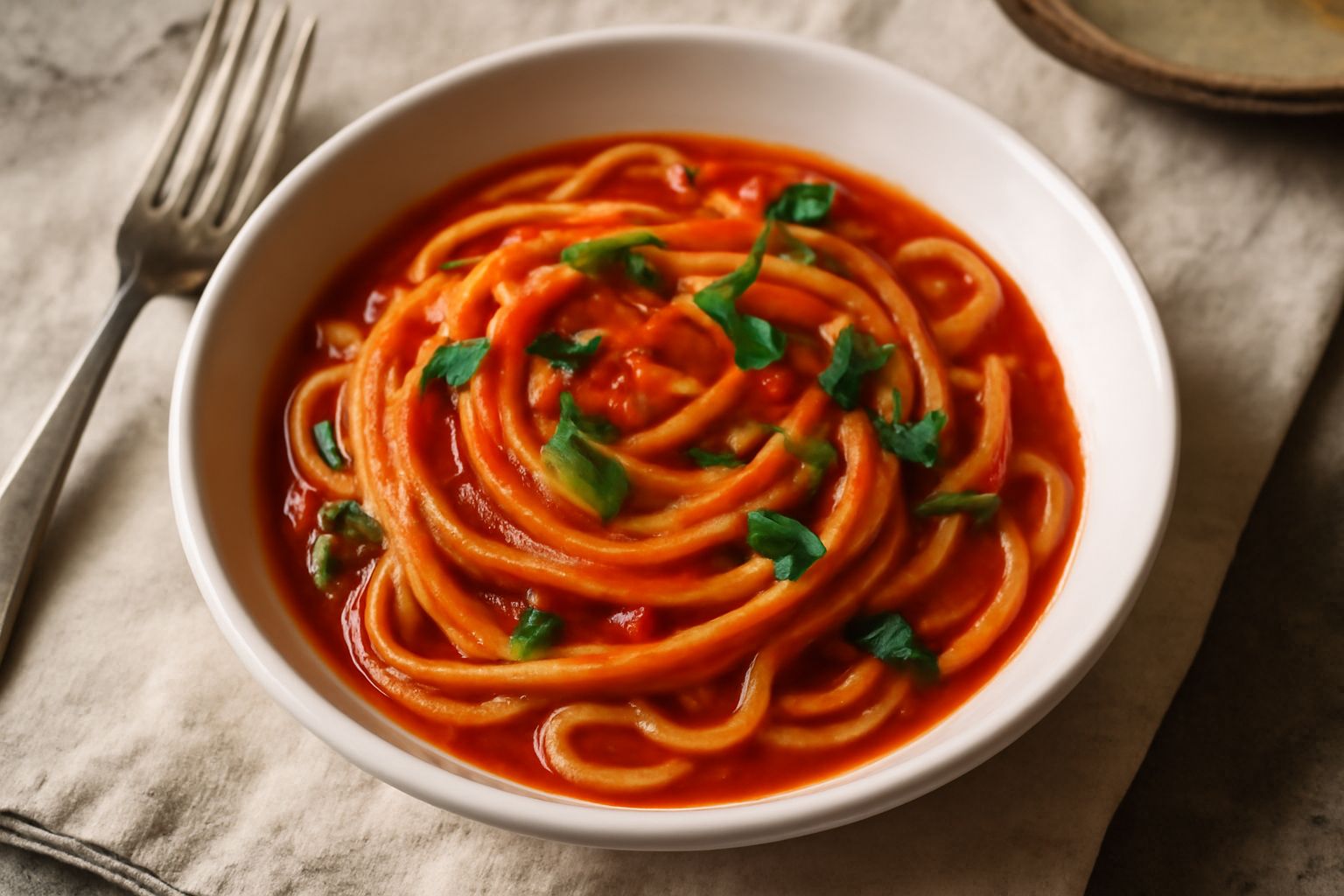 Piatto di pasta spaghetti al pomodoro con salsa rossa brillante, basilico verde fresco sulla sommita, filo di olio dorato, parmigiano grattugiato, fondo bianco