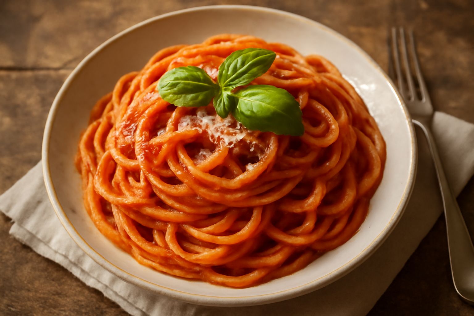 Piatto di pasta spaghetti con sugo rosso brillante di pomodoro, foglie di basilico verde fresco appena poste, filo d'olio, grana grattugiata bianca, tavolo bianco
