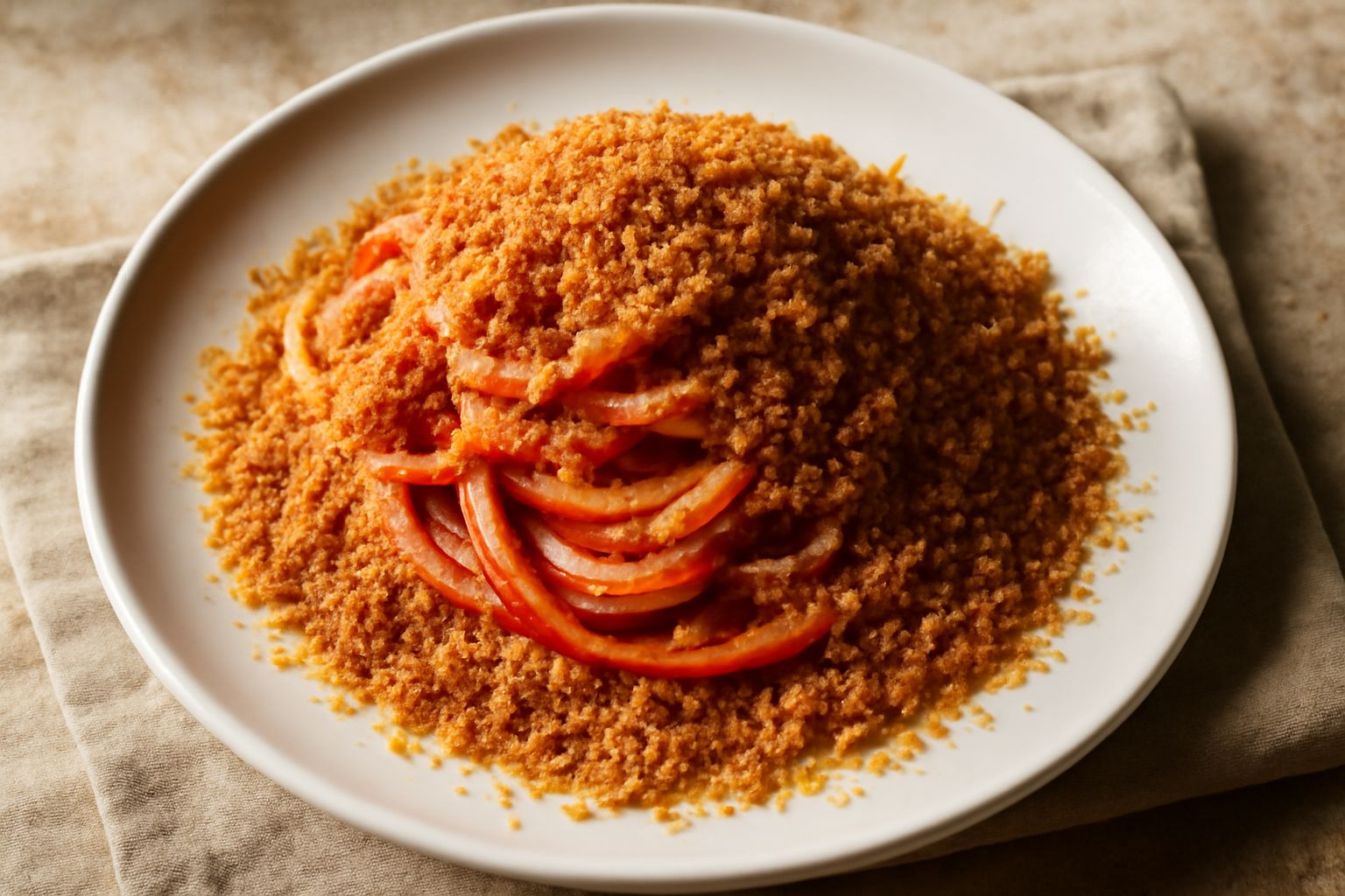 Piatto di pasta con pomodori rossi brillanti, aglio visibile, mollica di pane dorata e croccante cosparsa in superficie, olio verde oliva, servito in piatto bianco
