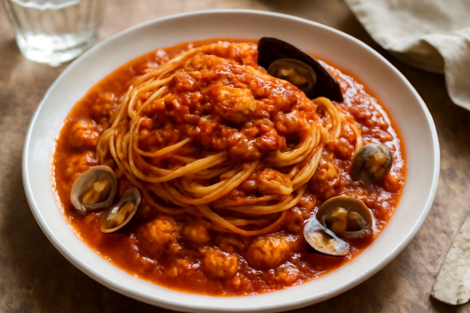 Piatto di spaghetti conditi con ragù di pesce: frutti di mare visibili nel sugo rosso intenso, prezzemolo fresco tritato sopra, olio di oliva brillante, sfondo bianco