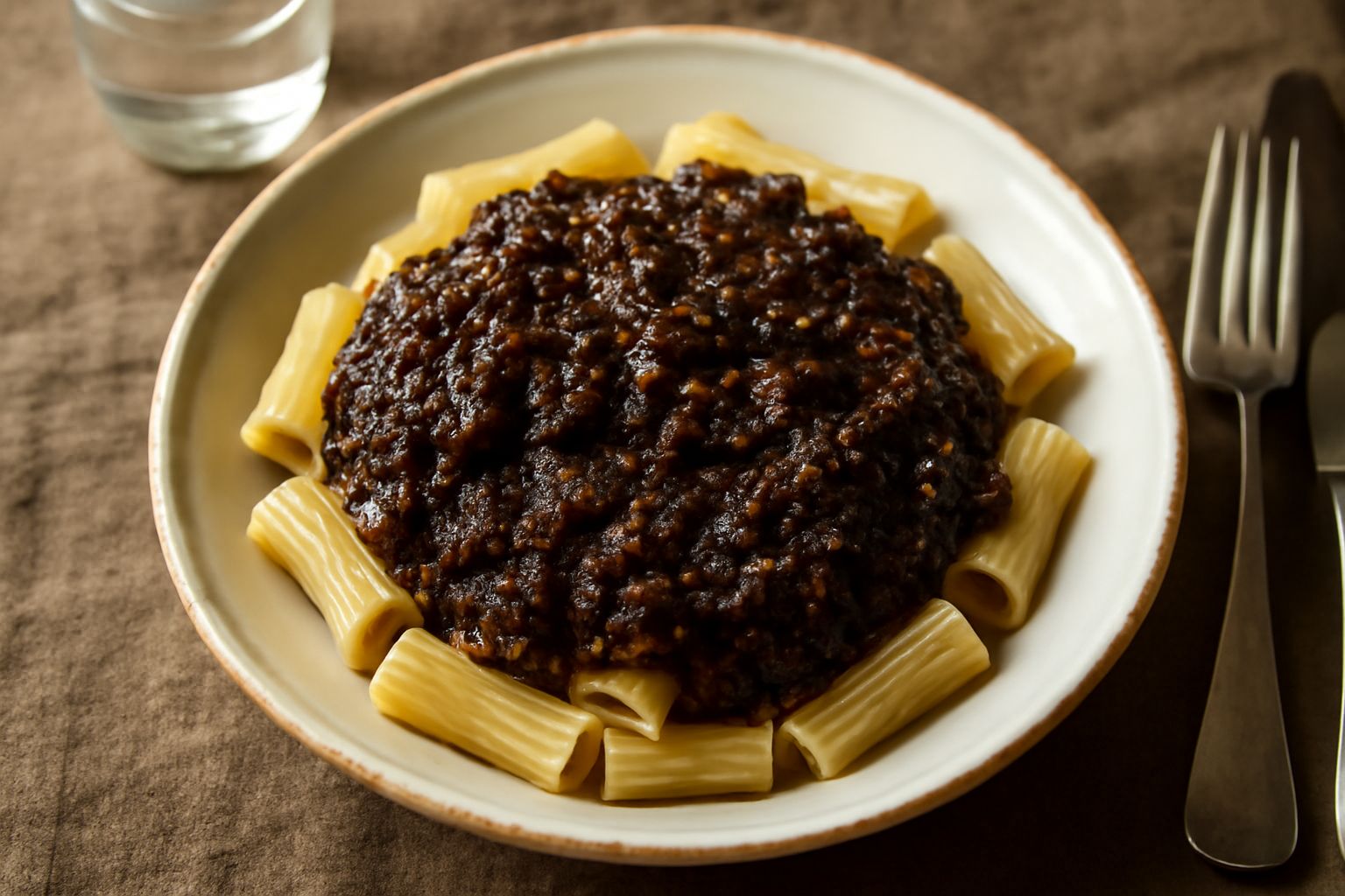 Piatto di pasta fresca tagliatelle bionde condito con ragù scuro e denso, guarnito con formaggio grattugiato, servito in piatto fondo di ceramica bianca con cucchiaio in acciaio a lato