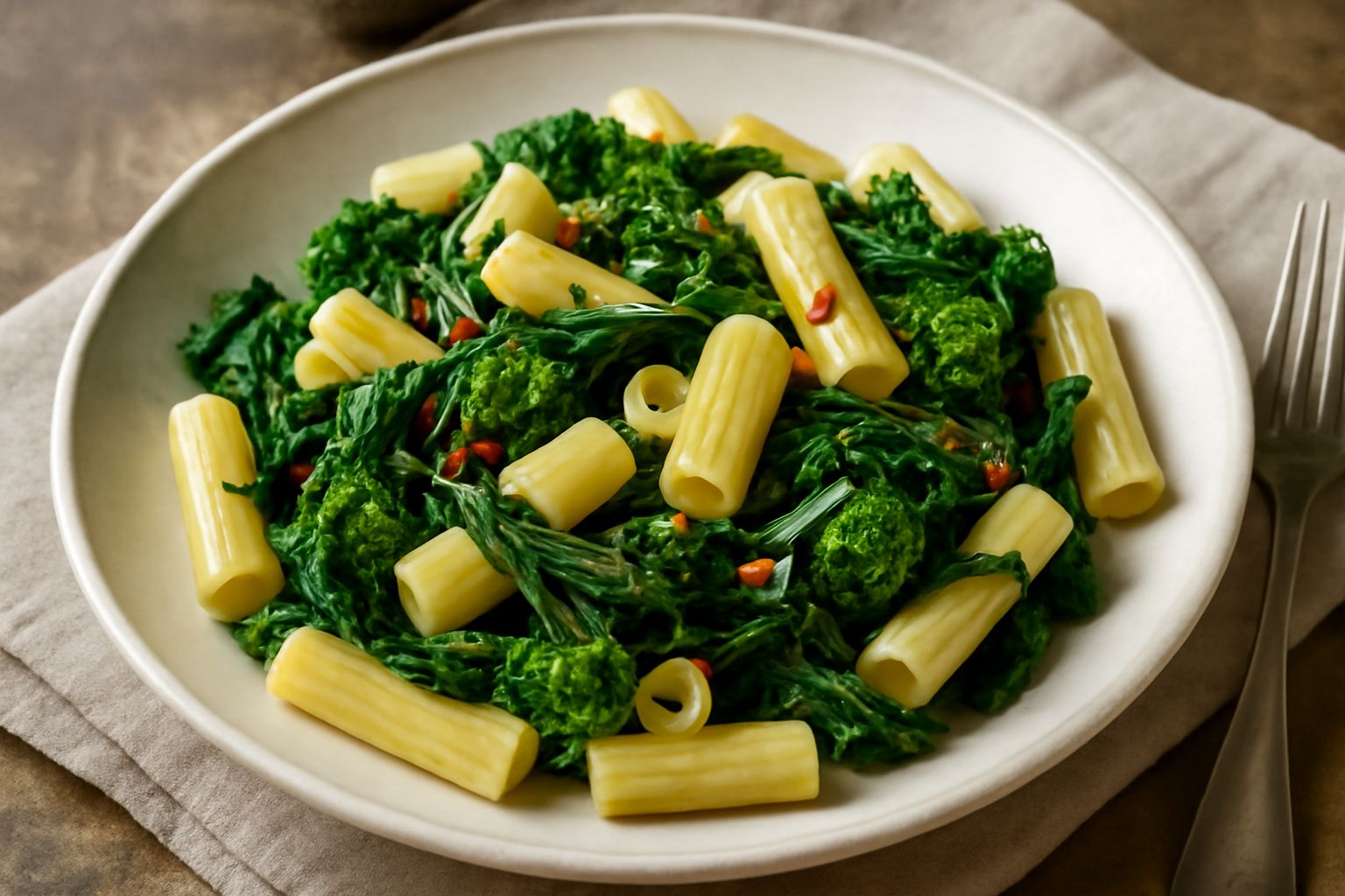 Piatto di pasta con cime di rapa verde scuro, aglio dorato e fili di peperoncino rosso, olio che brilla sulla superficie, impiattamento in ciotola bianca