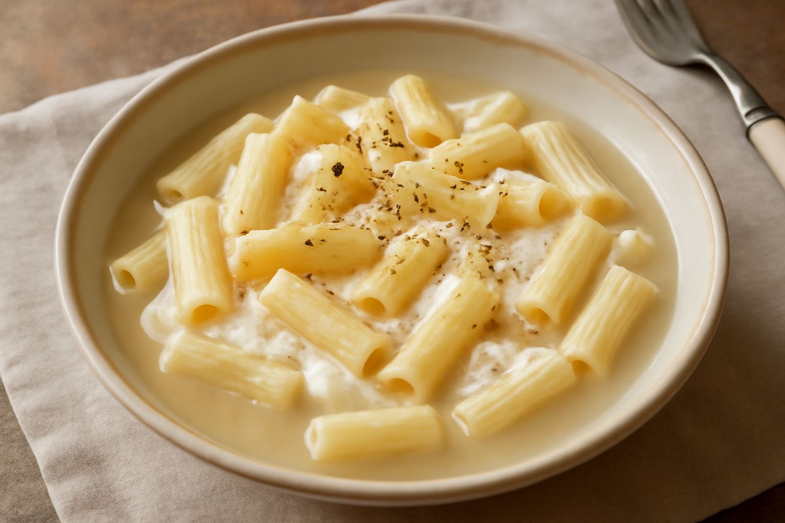 Piatto di pasta bianca cremosa servito in ciotola fonda, ricotta sciolta che avvolge la pasta, brodo trasparente, pepe nero macinato in superficie, cucchiaio di legno dentro il piatto