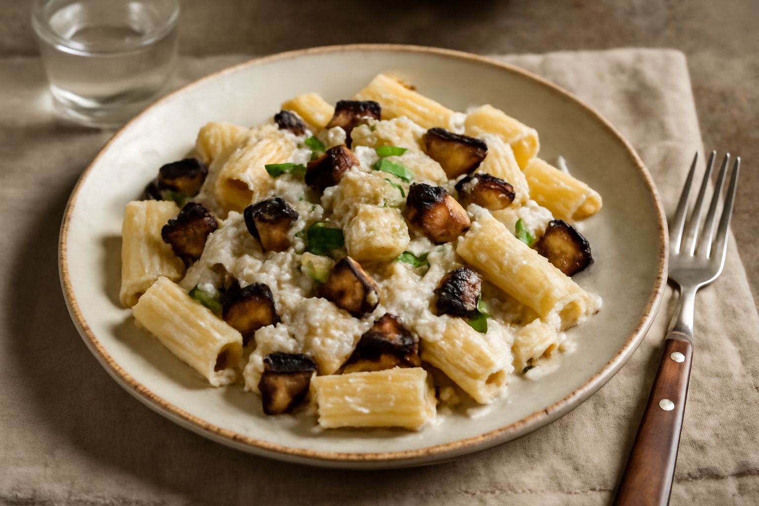 Piatto di pasta bianca condita con ricotta bianca cremosa, fette di melanzana viola grigliata, basilico fresco verde e un filo d'olio brillante sulla superficie