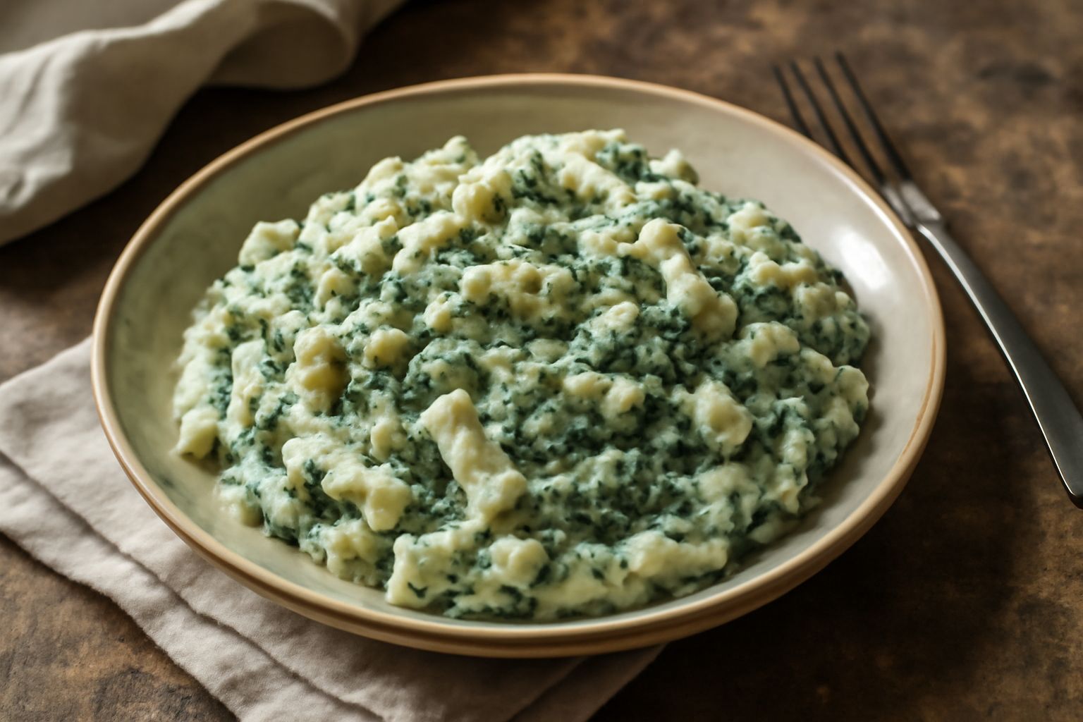 Un piatto di pasta rigatoni con cremosa salsa bianca a base di ricotta e spinaci verdi, spolverato di parmigiano grattugiato, servito in un piatto bianco fondo con cucchiaio di legno di lato