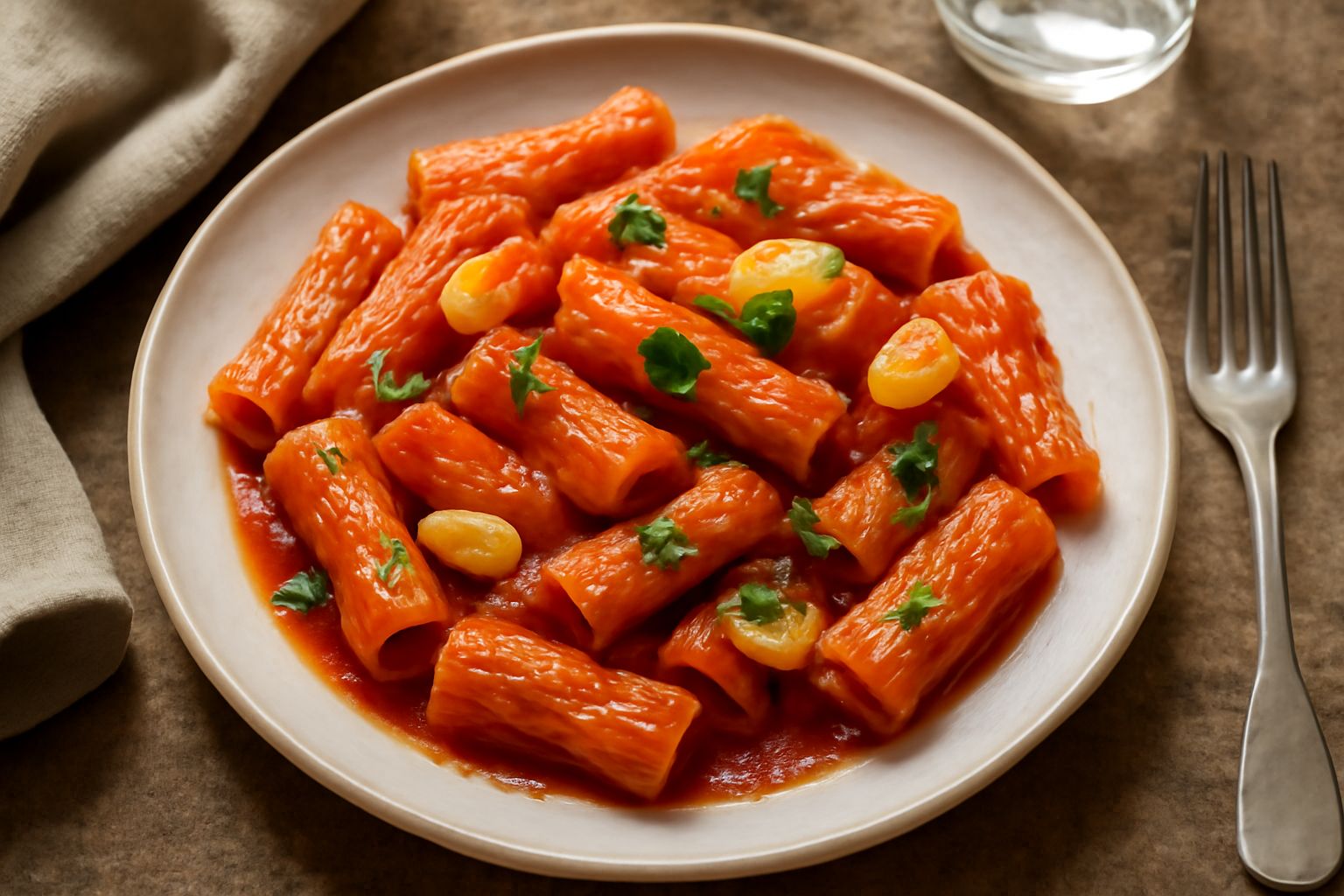 Piatto di ceramica bianca con pasta al pomodoro rosso vivo, gocce di olio d'oliva brillante, aglio intero e frammenti di prezzemolo fresco, servito su tavolo di legno naturale