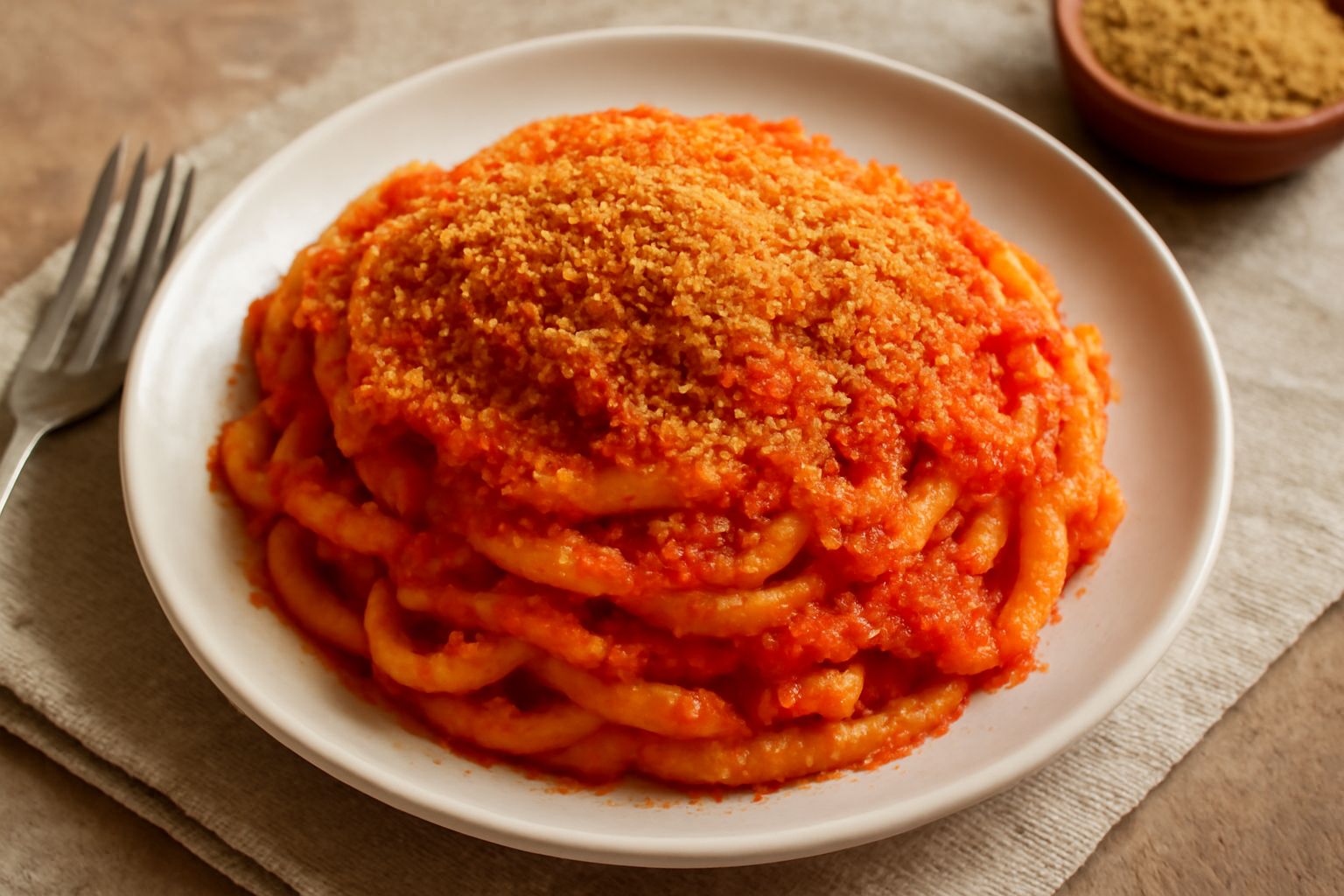 Piatto bianco con pasta al sugo di pomodoro rosso brillante, cosparsa di pangrattato dorato croccante, con rametto di prezzemolo fresco sulla sommità, su tavolo di legno chiaro