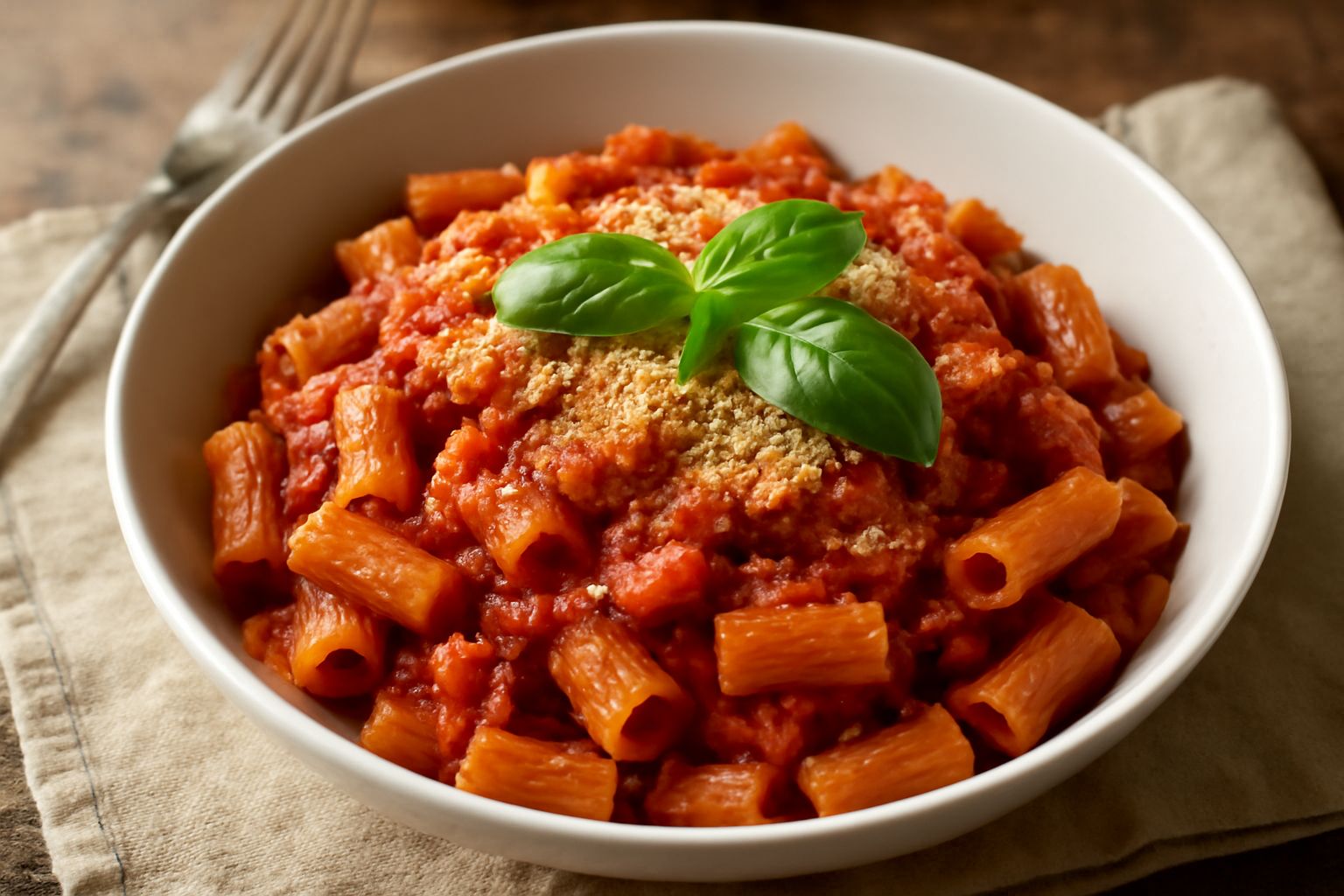 Piatto di pasta corta rigatoni condita con sugo di pomodoro rosso brillante, granelli di formaggio pecorino giallo pallido sparsi in superficie, una foglia di menta verde fresca adagiata sopra, fondo 