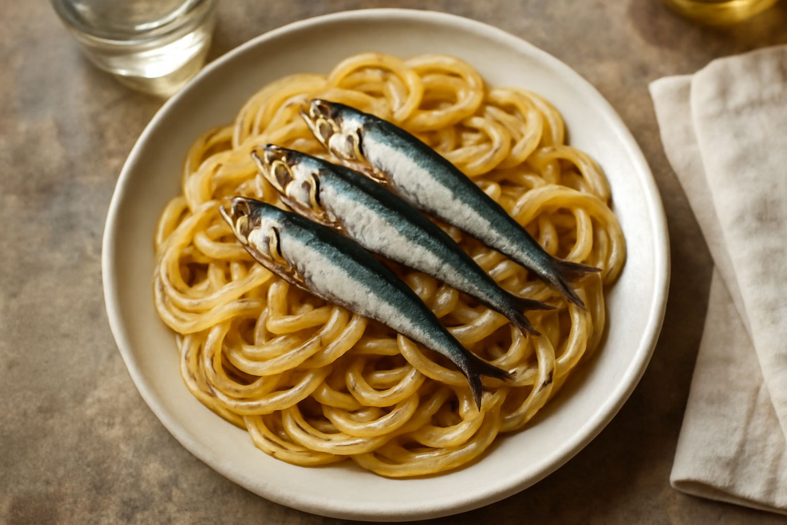 Piatto di pasta ca sardella con sardelle intere sopra i rigatoni, aglio dorato e olio lucido, guarnito da prezzemolo verde e pepe nero su fondo scuro