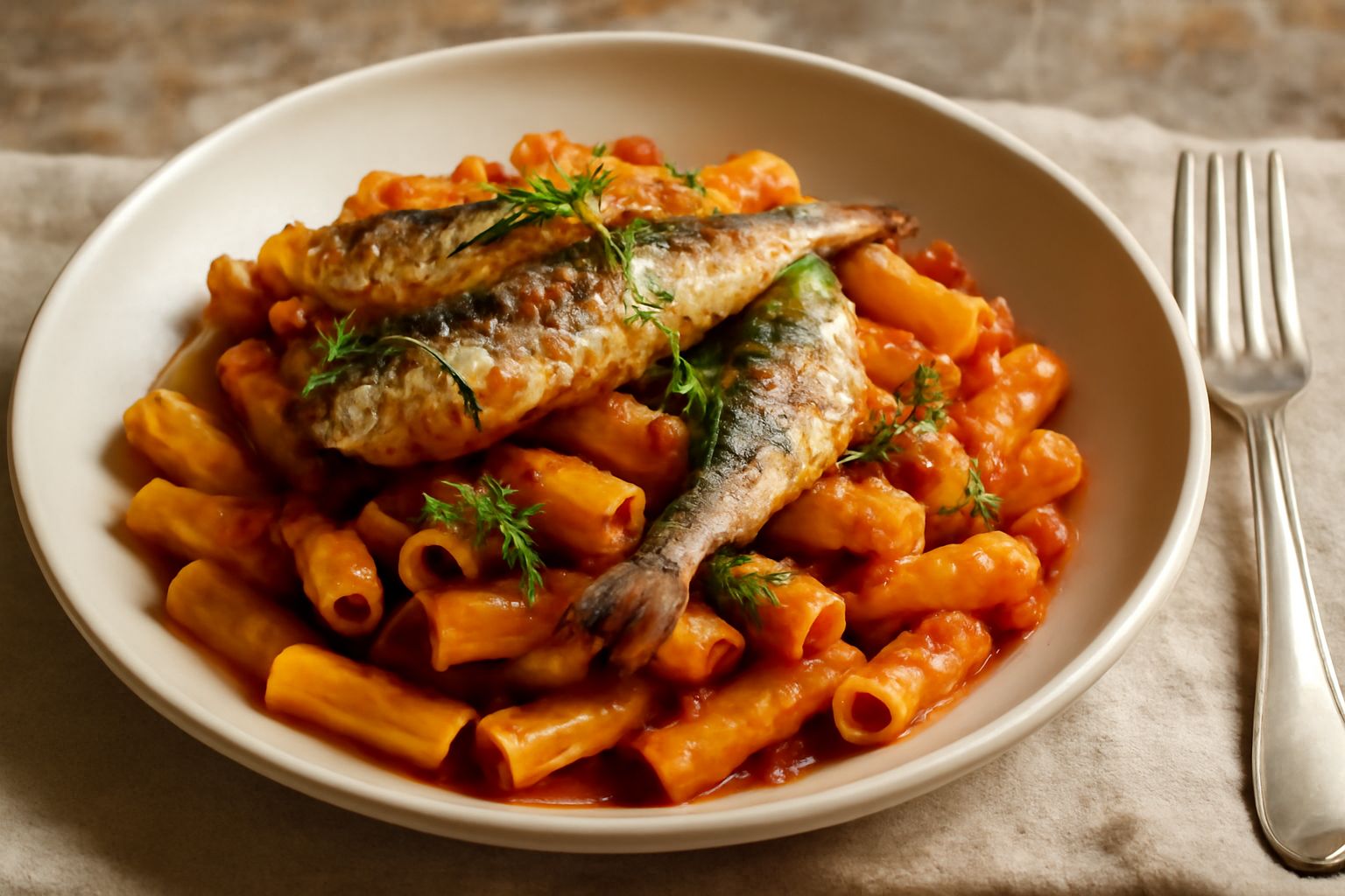 Piatto di pasta corta condita con sardine intere, pomodori rossi tagliati, finocchio verde e olio d'oliva lucido, servita in piatto bianco con sfondo grigio