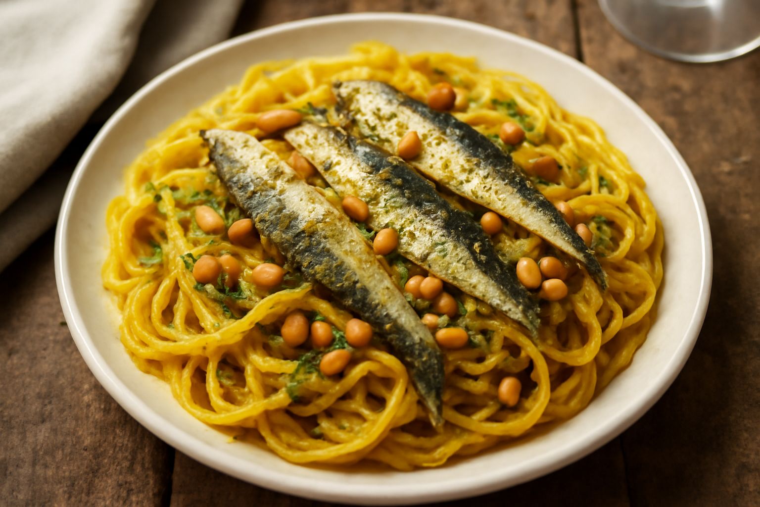 Piatto di pasta con sardine intere, finocchi verdi, pinoli dorati e zafferano giallo, olio lucentante, su fondo blu intenso, impiattamento a cumulo