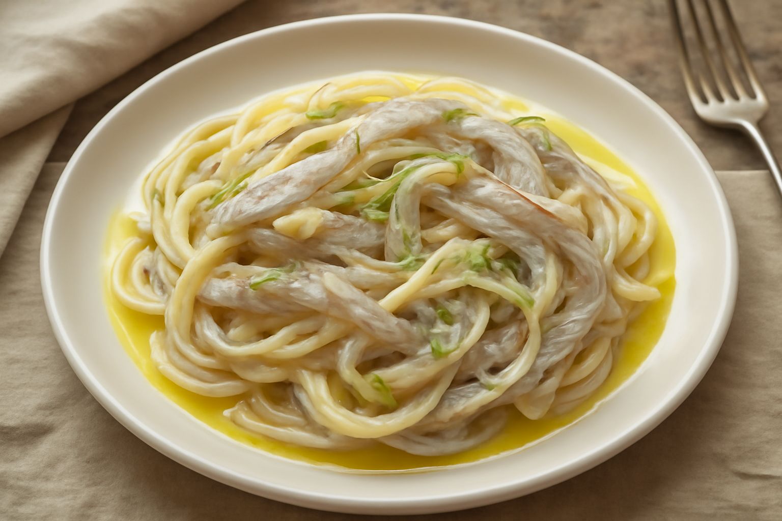 Barattolo di vetro riempito di pasta biancastra e sardine sottili, con fili di zafferano giallo visibili tra gli strati, olio d'oliva che copre il tutto, etichetta bianca a riposo su un piano di legno