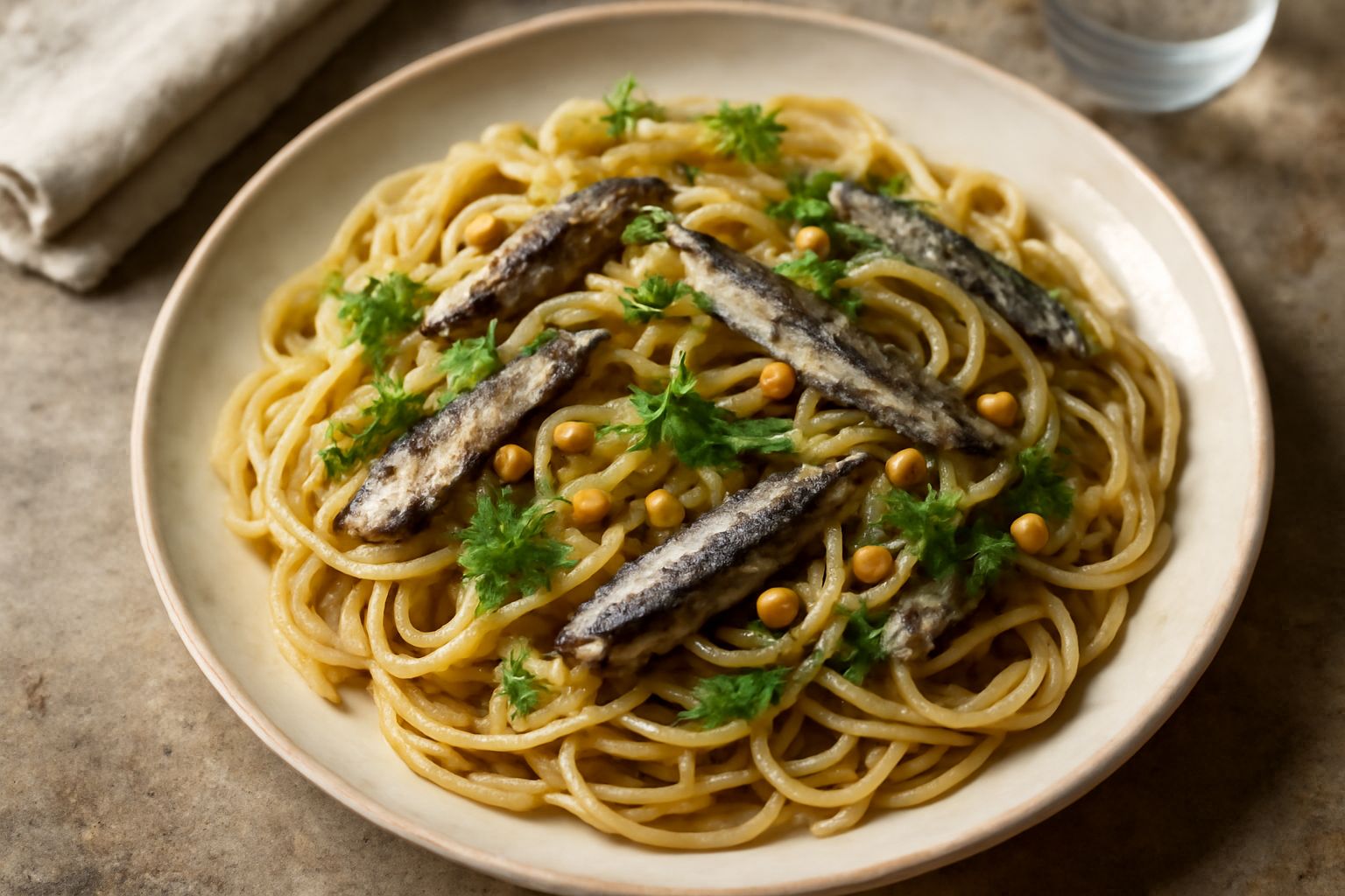 Piatto di pasta bionda con sardine scure, pinoli dorati e finocchio selvatico, olio d'oliva brillante, impiattato su ceramica bianca