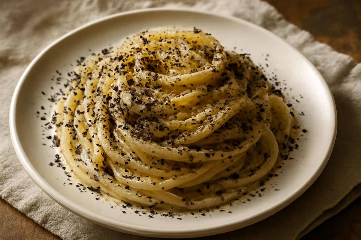 Piatto di pasta ca' sugna e pepe: spaghetti gialli mantecati di bianco-cremoso, coperti da pepe nero visibile in grani e fiocchetti, pecorino grattugiato appena distribito, servito in piatto bianco co