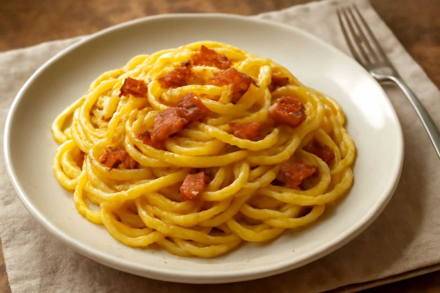 Spaghetti cremosi color giallo dorato con streaks di guanciale marrone dorato e pepe nero visibile, serviti in un piatto bianco fondo, lucentezza setosa sulla pasta