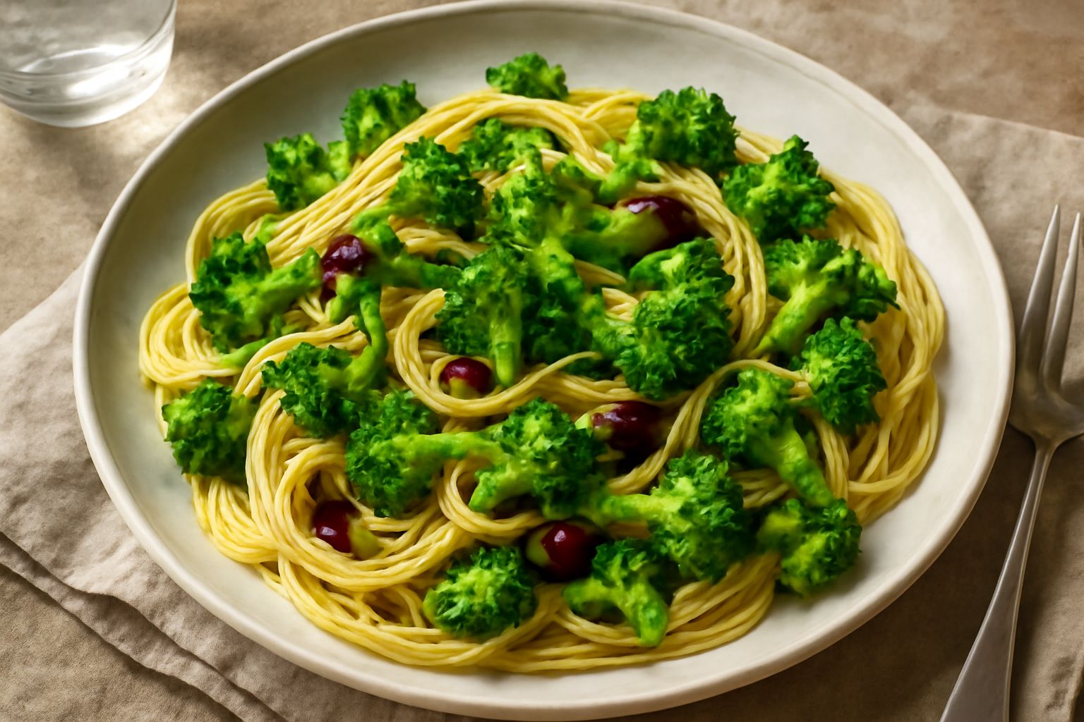 Piatto di pasta con broccoli verdi croccanti e dorati, aglio soffritto in olio, condimento cremoso, servito in bianco, lucentezza di olio extravergine
