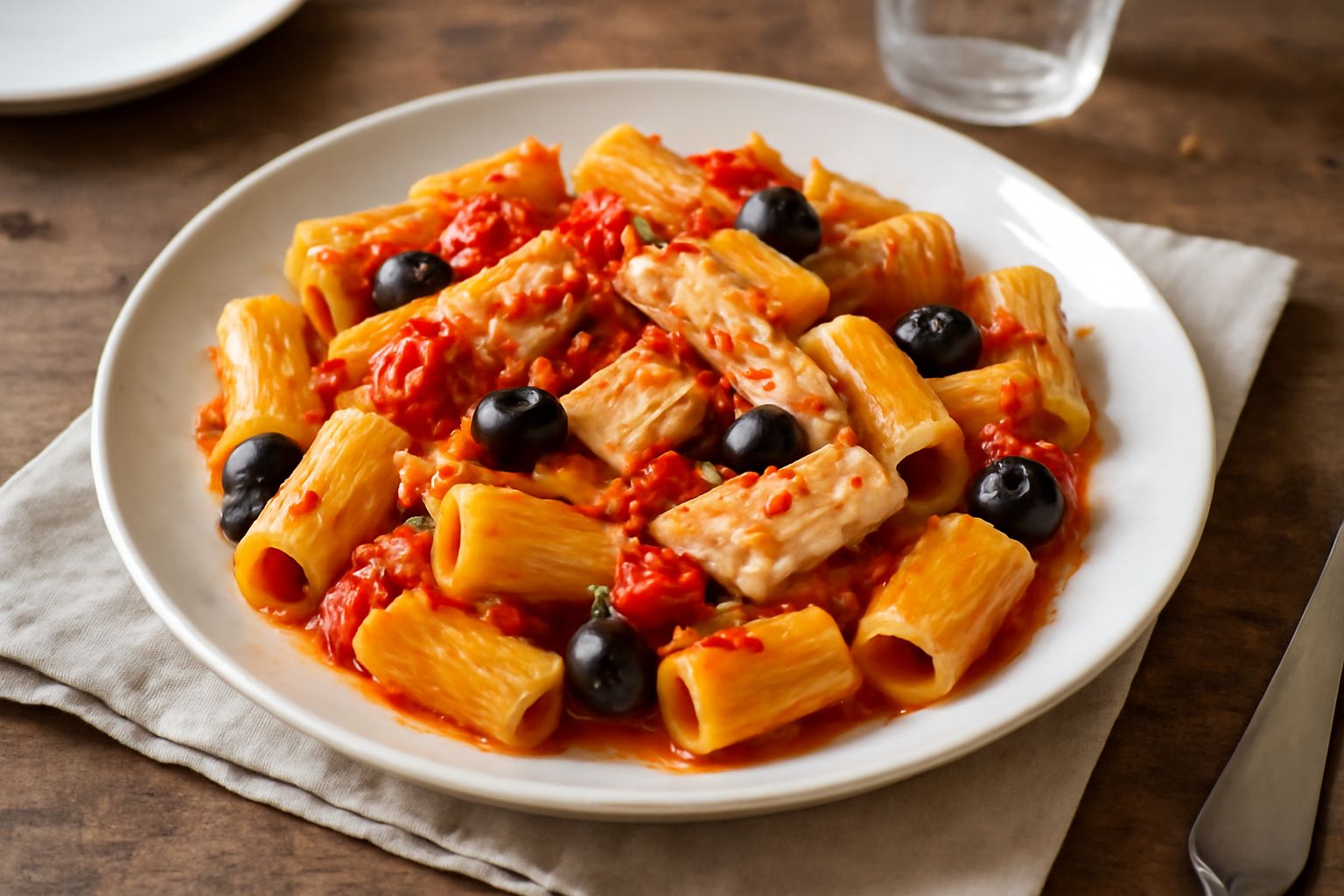 Piatto di pasta con pesce spada bianco sfaldato, cubetti di pomodoro rosso, olive nere e prezzemolo verde, olio dorato, servito su piatto bianco