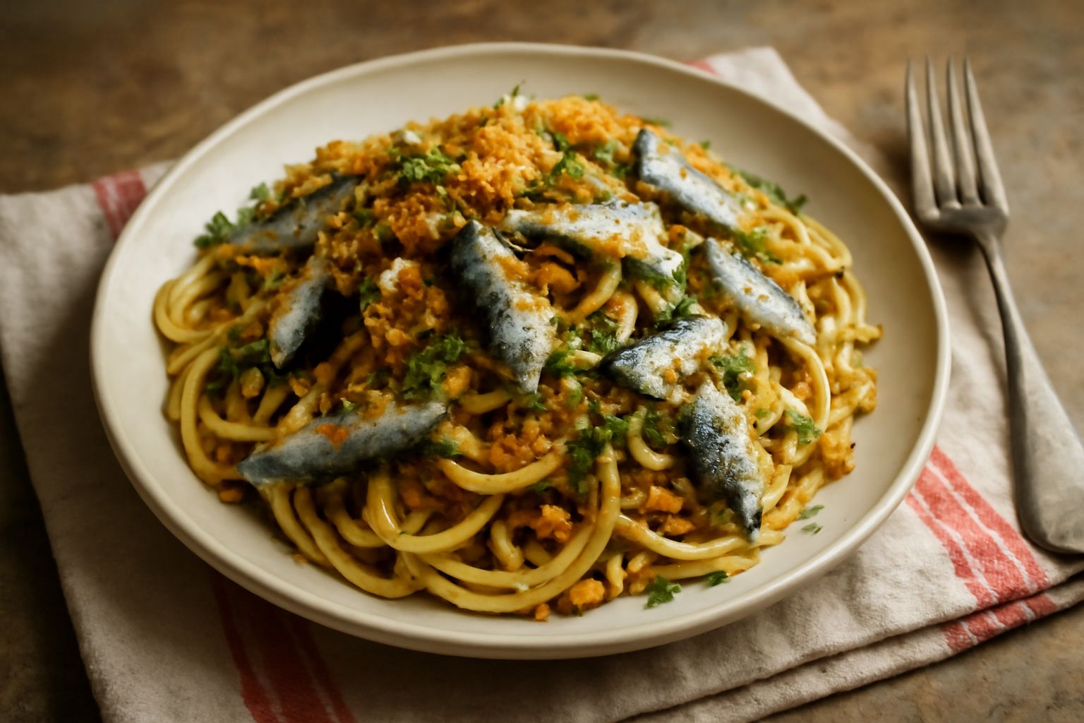 Piatto di pasta chi sardi con pasta gialla per lo zafferano, guarnita di formaggio grattugiato bianco, su un fondo di legno scuro con un cucchiaio di legno a lato