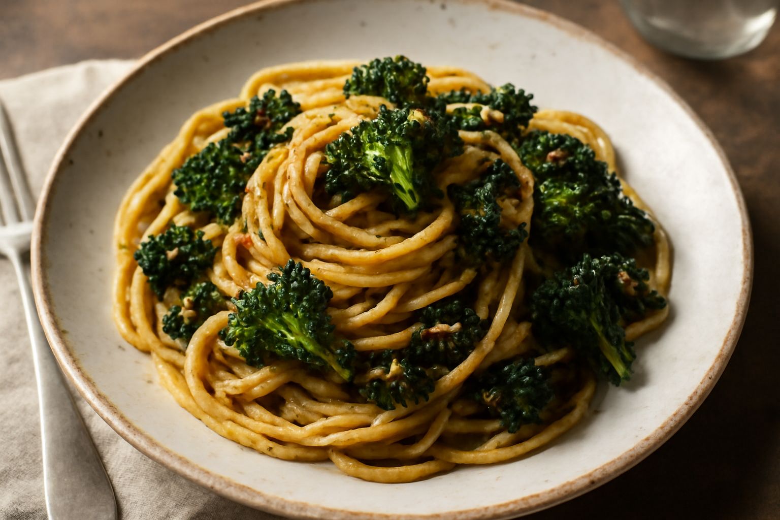 Pasta integrale condita con broccoli verdi scuro arriminati, aglio dorato e fili di olio extravergine, pezzi di broccolo visibili sulla superficie, piatto bianco, peperoncino rosso sfumato in primo pi