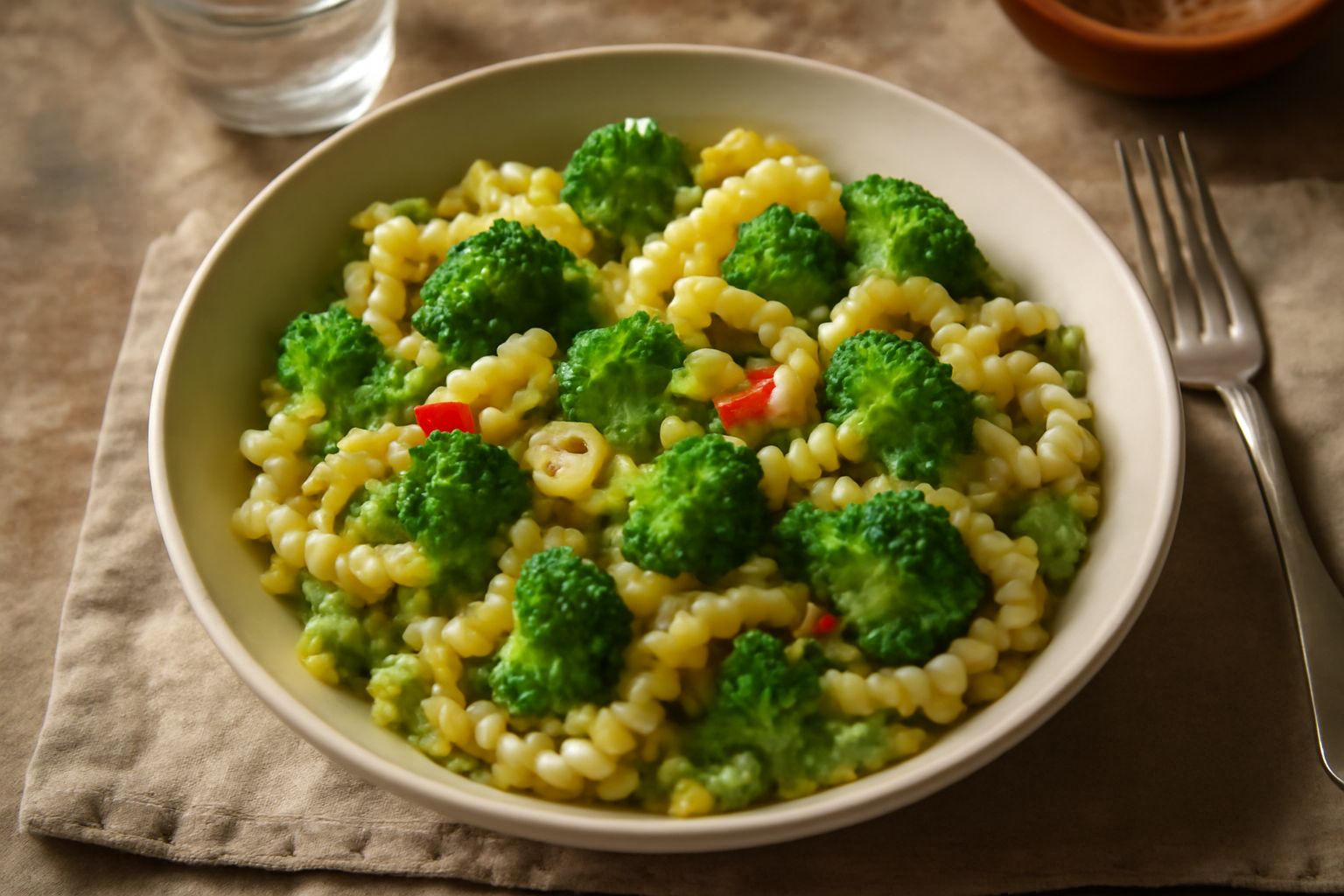 Piatto di pasta integrale con broccoli verdi intensi, aglio dorato, peperoncino rosso, condito con olio extravergine e parmigiano grattugiato, servito in ciotola bianca