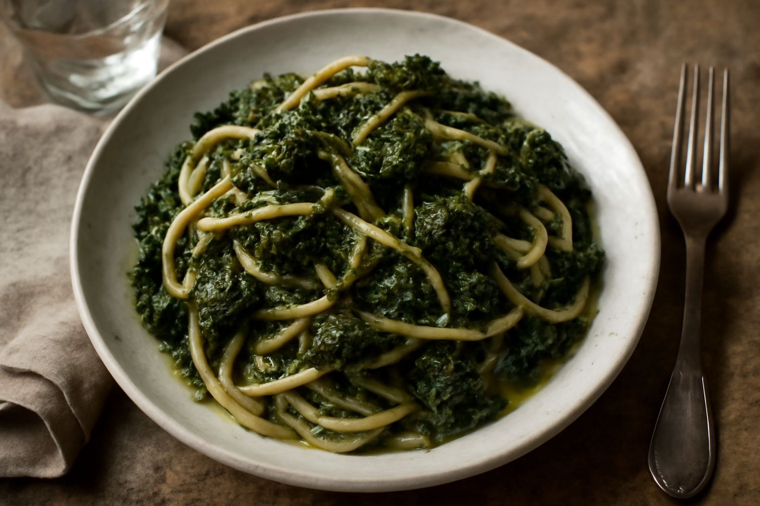 Piatto fondo di ceramica bianca con pasta e broccoli fiolaro verdi scuri morbidi, aglio dorato, filo di olio extravergine lucido, pepe nero visibile in superficie