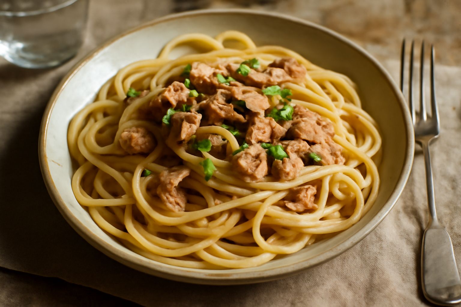 Piatto di spaghetti con tonno sgocciolato, olio d oliva, aglio affettato sottile e prezzemolo fresco tritato, su sfondo di tavolo di legno chiaro